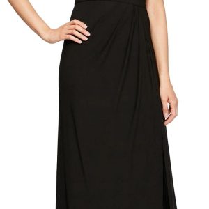 Women's Long Length Off The Shoulder Gown with Front Slit and Maribou Detail Neckline, Formal Party Dress