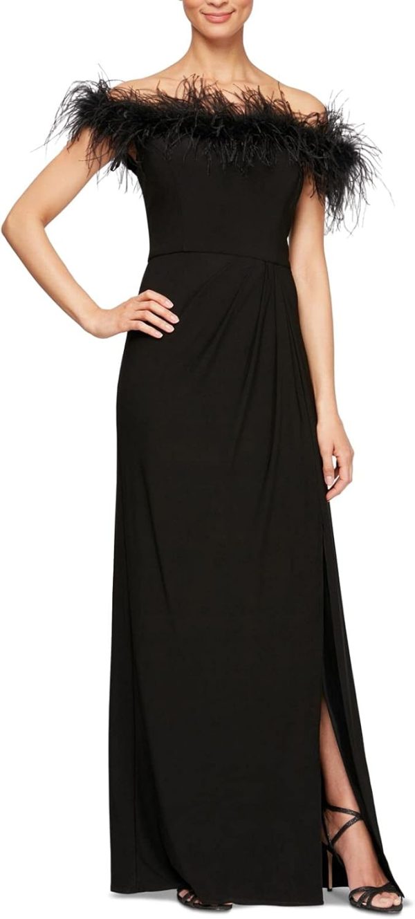 Women's Long Length Off The Shoulder Gown with Front Slit and Maribou Detail Neckline, Formal Party Dress