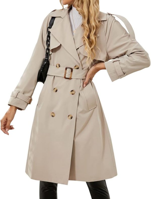 Women's Double Breasted Classic Long Trench Coat Lapel Slim Casual Waterproof Overcoat with Belt