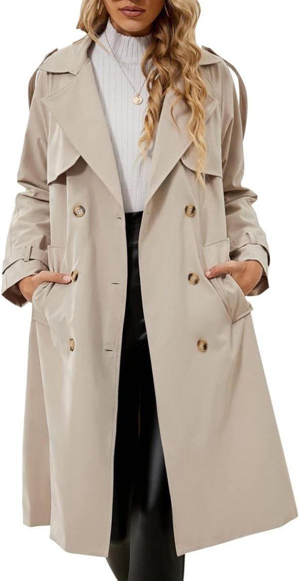 Women's Double Breasted Classic Long Trench Coat Lapel Slim Casual Waterproof Overcoat with Belt