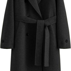 Women's Pea Coats Fall Long Trench Coat Double Breasted Button Down Lapel Belted Peacoat
