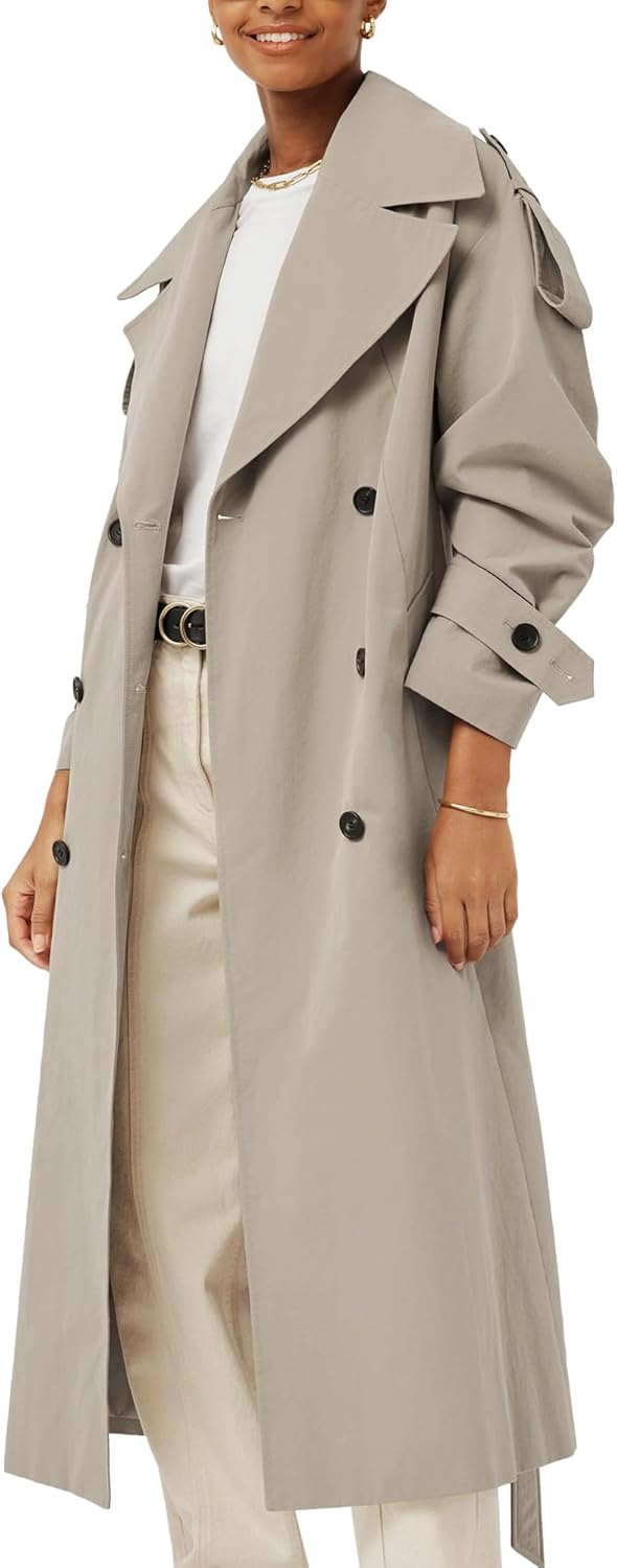 Women's Oversized Long Trench Coat Double Breasted Lapel Windproof Overcoat with Belt