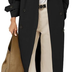 Women's Oversized Long Trench Coat Double Breasted Lapel Windproof Overcoat with Belt