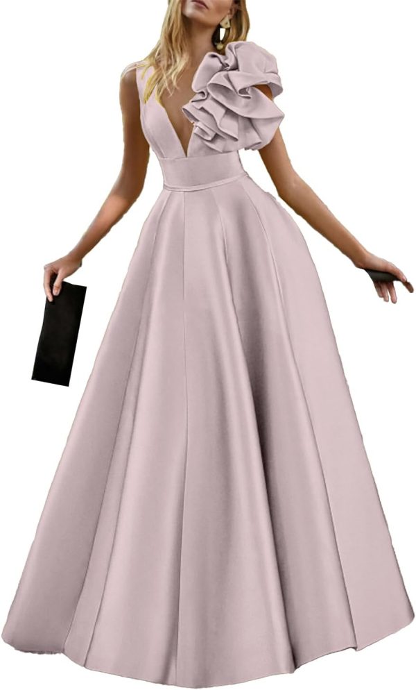 A-Line Elegant V Neck Floor Length Sleeveless Evening Dress Prom Dress with Shouder Flower 2026