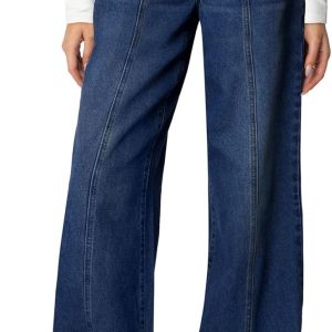 Women's Wide Leg Jeans High Waisted Stretchy Straight Leg Jeans Trendy Seamed Front Loose Denim Pants