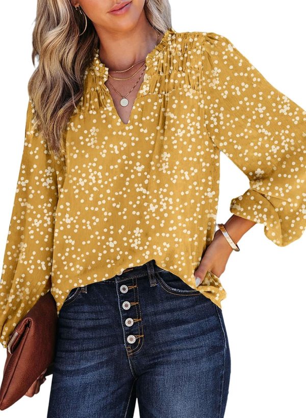 women Casual V Neck Alicia Floral Print Smocked Long Sleeve Chiffon Blouses Bohemian Top Shirts