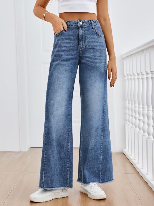 Women's Wide Leg Jeans, Relaxed Loose Straight Leg with Raw Hem, Comfort Denim Pants