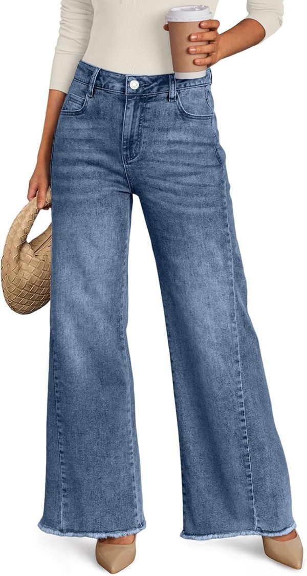 Women's Wide Leg Jeans, Relaxed Loose Straight Leg with Raw Hem, Comfort Denim Pants