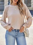 Women Long Sleeve Tops Dressy Casual Crewneck Waffle Lace Patchwork Knit T Shirts Trendy Loose Blouses