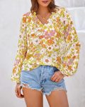 Women Casual Boho Blouse Dressy Floral Puff Long Sleeve Shirts V Neck Lightweight Chiffon Summer Fall Tops 2026